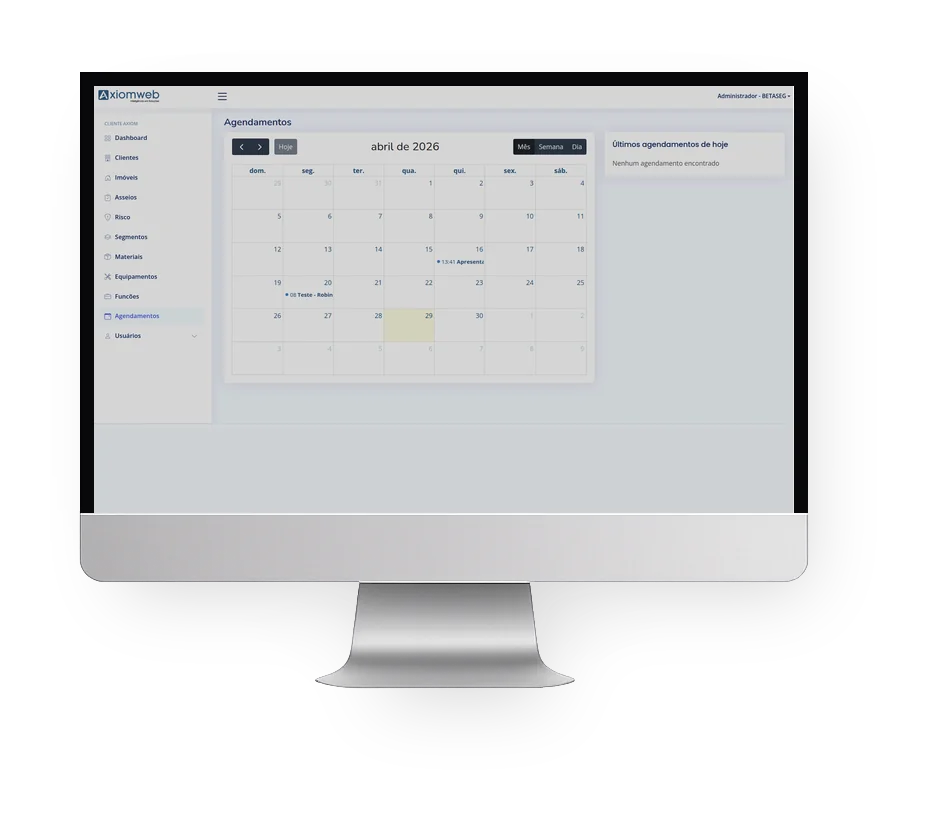 Calendário e agendamentos na plataforma Axio Control