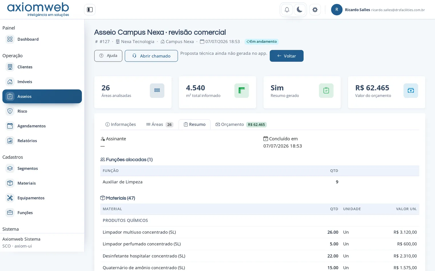 Resumo do dimensionamento no sistema, com as funções alocadas e a lista de materiais calculados para o contrato